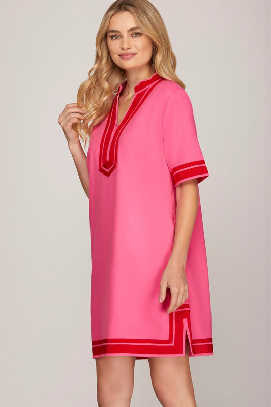 Dress - Shift with Contrast Trim - Pink