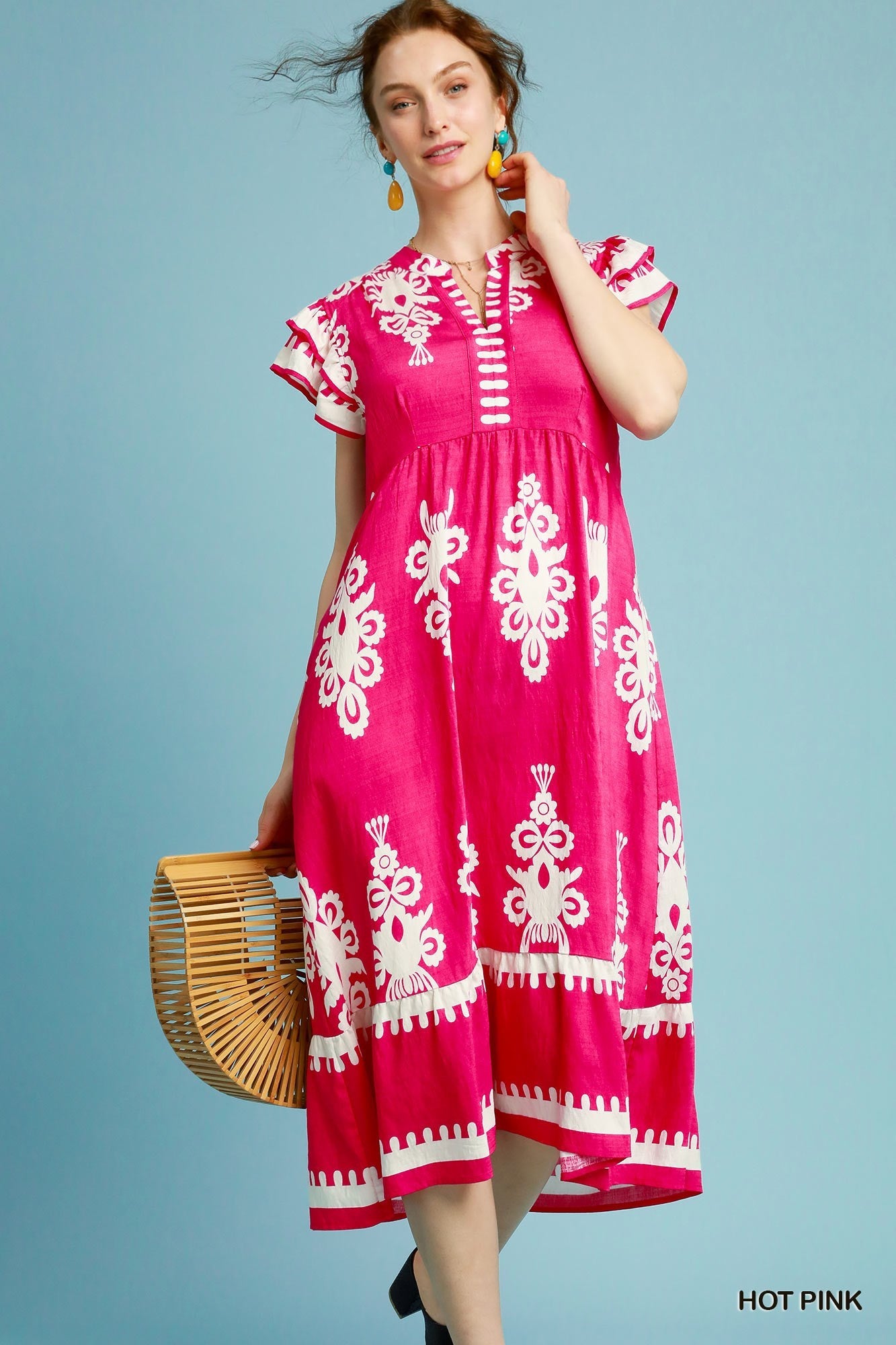 Dress - Midi Border Print - Hot Pink