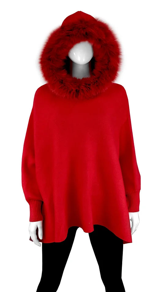 Poncho with Sleeves - Fox Fur Hoodie - Red - Findlay Rowe Designs