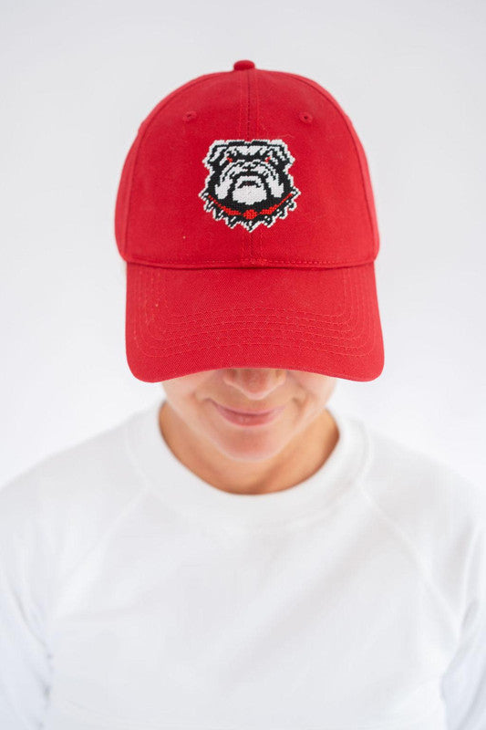 Lisi Lerch - Needlepoint Baseball Hat - Bulldog - Red