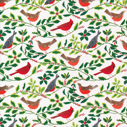 Caspari - Wrapping Paper - Songbirds And Holly WhitE - NO SHIP - STORE PICKUP - Findlay Rowe Designs