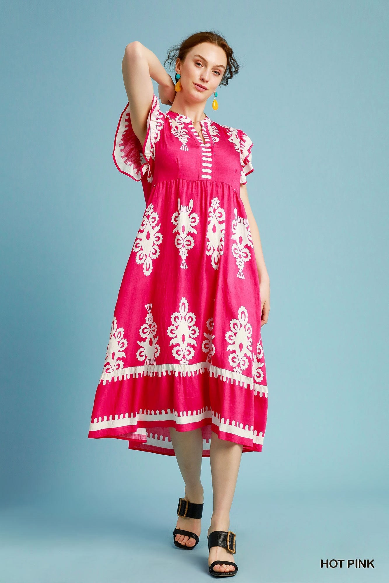 Dress - Midi Border Print - Hot Pink