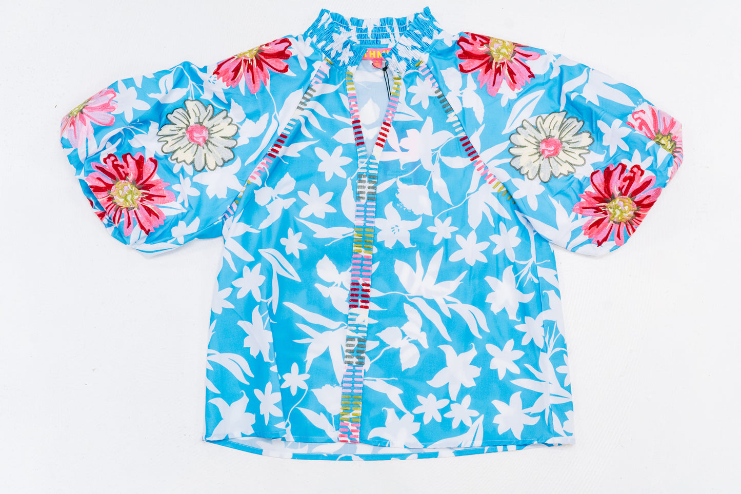 Blue Puff Sleeve Embroidered Floral Print Top - Findlay Rowe Designs