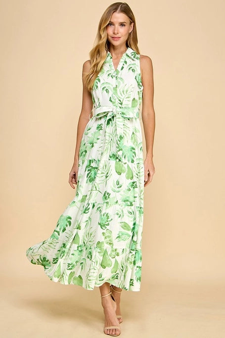 Dress - Sleeveless Midi - Palm Leaves