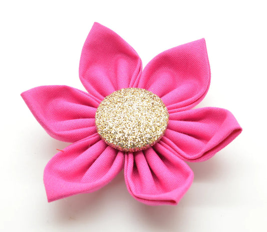 Dog Collar Accessory - Pink Flower with Gold Button Center