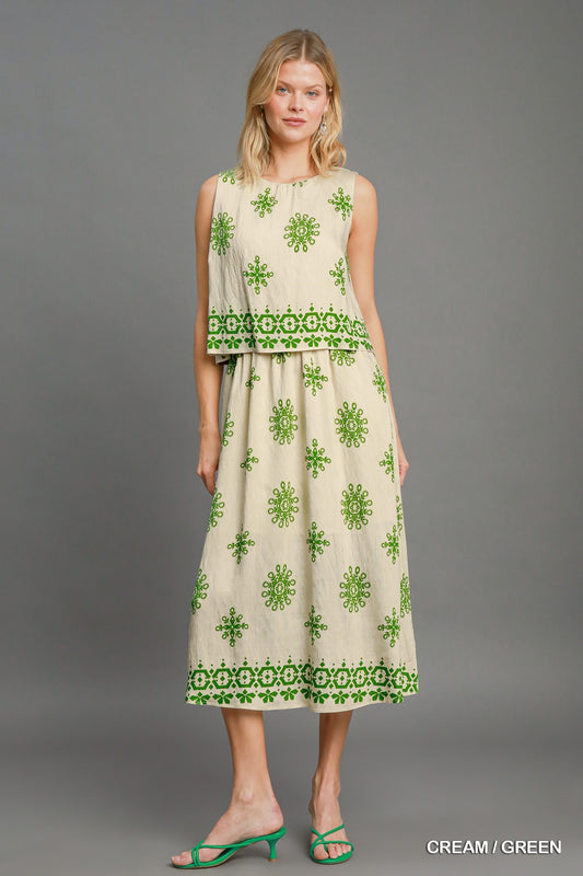 Dress - Borderprint Double Layered Midi - Green