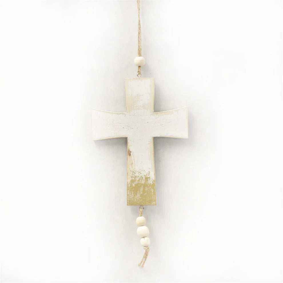 Ornament - 8 in Distressed Cross - Ivory Gold - Findlay Rowe Designs